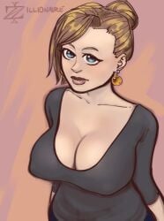 1girls blue_eyes cleavage female female_only fully_clothed grey_top hair_bun large_breasts looking_at_viewer looking_up_at_viewer mature_female milf nipple_bulge no_bra sandy_blonde_hair solo zillionaire