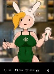 1girls adventure_time apron apron_only barista big_breasts blonde_hair bunny_ears crisisaura employee employee_uniform female female_only fionna_campbell fionna_the_human_girl headwear human i_mean_breast_milk iced_latte_with_breast_milk large_breasts light-skinned_female light_skin looking_at_viewer meme navel nipple_bulge outerwear pale_skin public solo solo_female solo_focus starbucks thighs wide_hips