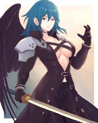 1girls absurdres alternate_costume armor armpits black_feathers black_gloves black_wings blue_hair breasts byleth_(fire_emblem) byleth_(fire_emblem)_(female) center_opening chest_strap cleavage cosplay feathered_wings feathers female female_only final_fantasy final_fantasy_vii fire_emblem fire_emblem:_three_houses gloves gradient_background hair_between_eyes highres holding holding_sword holding_weapon jacket katana large_breasts leather leather_gloves leather_jacket leather_pants long_coat multicolored_eyes nintendo pants sephiroth_(cosplay) short_hair shoulder_armor solo super_smash_bros. sword truejekart weapon wings