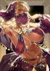 1girls belly_dancer belly_dancer_outfit big_boobs big_breasts blonde_hair bocas_top bottomless bottomless_skirt choker dark-skinned_female dark_skin elf elf_ear elf_ears elf_female elf_girl harem_girl harem_outfit hololive hololive_fantasy hololive_japan huge_breasts jewelry jewelry_on_nipples kuroi_suna loincloth looking_at_viewer mouth_covered multicolored_hair nipple_jewelry nipple_piercing nipple_shield nipple_shields no_panties orange_eyes pattern_background ring rings shiranui_flare solo solo_female veil virtual_youtuber