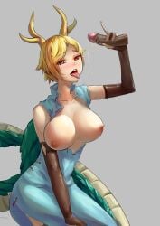 1boy 1boy1girl 1girls acc animal_horns animal_tail areolae blonde_hair blush breasts breasts_out cheongsam clothed disembodied_penis dress_slit dripping dripping_penis dripping_saliva dripping_tongue gloves handjob horn horns kicchou_yachie large_breasts nail_polish nipples open_dress open_mouth oral_sex painted_nails penis qipao red_eyes saliva saliva_drip saliva_string saliva_trail scales short_hair tail tongue tongue_out touhou turtle_shell yellow_hair