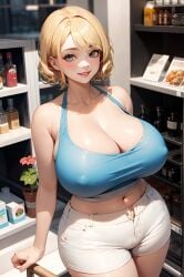 1girls ai_generated big_breasts blonde_hair blue_tank_top cameltoe cupcakeattack female grey_eyes looking_at_viewer navel protruding_nipples short_hair shorts slim_waist smile tanktop thick white_shorts wide_hips