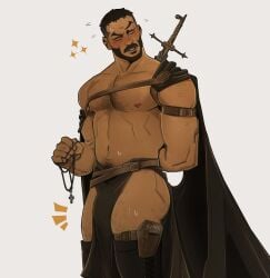 1boy 2023 artist_name ass bara bara_tits barazoku beard black_hair blush body_hair bulge cape castlevania castlevania_(netflix) chris_sdd facial_hair hairy_chest hi_res highres human loincloth male male_nipples male_only male_pubic_hair manly mizrak muscular_male mustache no_visible_genitalia penis_bulge solo