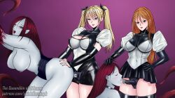 4girls bad_source blonde_hair blue_skin breasts colored_skin dildo female_only femdom game_cg highres large_breasts leather lesbian_sex monster_girl multiple_girls orange_hair painkillerakapk red_hair sex_toy skirt strap-on tentacle tentacle_girl the_queendom_of_lithzena yuri