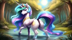 ai_generated alicorn animal_genitalia animal_pussy anus ass blue_hair blue_tail choker crown cutie_mark dock equid equine equine_anus equine_pussy feathers female female_only feral feral_only folded_wings friendship_is_magic fur green_hair green_tail hair hasbro hooves jewelry looking_back mammal mane mare multicolored_hair multicolored_mane multicolored_tail my_little_pony pink_eyes pink_hair pink_tail princess_celestia_(mlp) pussy raised_tail solo stable_diffusion tail water white_body white_feathers white_fur wings