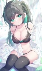 black_hair blush colored_inner_hair cute green_eyes huge_breasts legwear lingerie mikaze_oto open_clothes original_character pajamas sitting_on_bed sunlight thick_thighs thighhighs twintails very_long_hair white_shirt