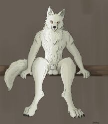 absurd_res animal_genitalia anthro balls canid canine canis claws digitigrade fully_sheathed fur genitals hi_res looking_at_viewer male mammal orange_eyes rest resting_balls sheath sitting sketchyfreki solo white_body white_fur wolf