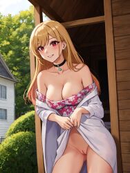 ai_generated ass bending_over blonde_hair breasts dressing_up floral_print from_behind hand_on_head kitagawa_marin no_panties pussy show_pussy sono_bisque_doll_wa_koi_wo_suru spread_ass spread_legs voyeurism