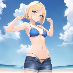 ai_generated ai_hands beach bikini blonde_hair blue_bikini cute_girl jean_shorts short_bob short_hair tagme