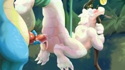 anthro anthro_on_anthro anthro_penetrated anthro_penetrating anthro_penetrating_anthro biped blue_body blush blush_lines chief_bonzo claws countershade_torso countershading crocodile crocodilian crocodylid duo erection frogger genitals hi_res male male/male male_penetrated male_penetrating male_penetrating_male mythil_flower penetration penis penis_size_difference reptile scalie sex tail white_body