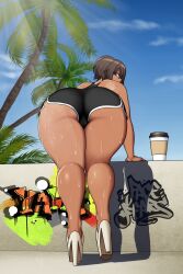 1girls ass behind_view bending_forward bending_over big_ass blue_eyes brown_hair cameltoe coffee_cup dark-skinned_female dark_skin dolphin_shorts female female_only graffiti hips looking_back looking_behind mk001black original original_character outdoors outside palm_tree reese_(mk001black) solo sweat sweaty_legs thick thick_thighs thighs