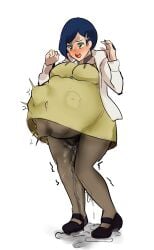 blue_hair crying_with_eyes_open green_eyes hyper_belly kirishima_touka lab_coat labcoat loppini open_mouth pantyhose pixie_cut pregnant stockings thighs tokyo_ghoul water_break water_broke