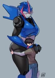 1boy 1girls arcee arcee_(prime) ass ass_grab big_ass big_butt butt closed_eyes cybertronian embrace embracing female grabbing_ass hug human jack_darby larger_female male robot robot_girl size_difference smaller_male smile smiling thick_ass thick_thighs thighs transformers transformers_prime wholesome zestysauce