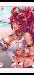 beach black_bikini boobjob cum dragon_girl_(project_qt) nutaku paizuri penis_between_breasts project_qt red_hair red_horns red_tail red_wings sunglasses sunglasses_on_head