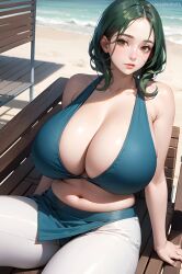 1girls ai_generated beach belly blue_bra brown_eyes cupcakeattack deck_chair female green_hair leggings looking_at_viewer lying lying_on_back