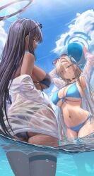 2girls arms_up ass asuna_(blue_archive) back ball bare_shoulders beachball bikini black_bikini black_hair blue_archive blue_bikini blue_eyes blue_ribbon blue_sky blush breasts choker cleavage dark-skinned_female dark_skin eyewear_on_head grin hair_over_one_eye hair_ribbon halo highres karin_(blue_archive) large_breasts light_brown_hair long_hair long_sleeves looking_at_viewer looking_back millennium_science_school_student multiple_girls navel off_shoulder open_clothes open_shirt ribbon shirt silver_bullet_(ecc12_8) sky smile sunglasses swimsuit thigh_strap thighs very_long_hair wading water wet white_shirt yellow_eyes