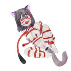 ball_gag belt black_hair bondage bondage cat_ears cat_tail catgirl gag gloves misavt nipple_piercing petplay purple_eyes short_hair virtual_youtuber xhirdelx