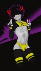 1boy :3 belly_button black_hair bulge bulge_through_clothing capy_diem chest double_peace_sign eye_covered fangs femboy fingerless_gloves gray_nipples gray_skin grey_body grey_nipples grey_skin hair_over_eyes homestuck horns lifting_shirt looking_at_viewer mituna_captor ms_paint_adventures nipples panties peace_sign red_horns sharp_teeth smile smiling_at_viewer solo standing striped_thighhighs thigh_highs thighhighs troll twink v yellow_panties