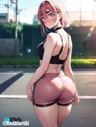 1girls ai_generated artist_name ass big_ass big_butt bike_shorts breasts bubble_butt choker female female_only kanojo_okarishimasu pink_eyes pink_hair redalertai sakurasawa_sumi shorts solo sports_bra stable_diffusion watermark