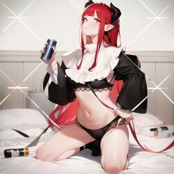 1girls ai_generated bed demon_girl first_post_of_artist horns red_hair soda_can