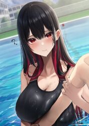 1boy 1girls 2023 ? absurd_res amane_sora arm_grab black_hair black_swimsuit blush breast_squish building cleavage colored_inner_hair competition_swimsuit female female_focus hair_between_eyes heart heart-shaped_pupils highres huge_breasts large_breasts long_hair looking_at_viewer male matching_hair/eyes mole mole_under_mouth multicolored_hair one-piece_swimsuit original outdoors partial_male partially_submerged pool red_eyes red_hair sky swimsuit two_tone_hair very_long_hair water wet