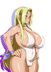 1girls alternate_costume alternate_version_available areolae_visible_through_clothing big_breasts blonde_hair blush breasts cleavage clothing female female_only forehead_jewel hair hands_on_hips huge_breasts inverted_nipples konakona long_hair mature mature_female mature_woman milf naruto naruto_(series) smile solo solo_female swimsuit swimwear tsunade white_swimsuit yellow_eyes