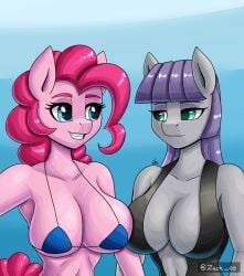 anthro anthrofied big_breasts bikini blue_eyes breast_squish breasts breasts_frottage cleavage clothed clothing duo earth_pony equid equine eye_contact female friendship_is_magic green_eyes grin hasbro hi_res horse looking_at_another mammal maud_pie_(mlp) my_little_pony one-piece_swimsuit pink_hair pinkie_pie_(mlp) pony purple_hair sibling_(lore) sister_(lore) sisters_(lore) smile squish string_bikini suggestive swimwear zachc