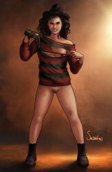 a_nightmare_on_elm_street bottomless bottomless_female breasts brown_hair clawed_fingers clawed_gloves claws cosplay exposed_breasts exposed_legs exposed_pussy exposing_breasts fedora female female_focus female_only freddy_krueger freddy_krueger_(cosplay) girl gloves hat heather_langenkamp horror horror_(theme) jumper looking_at_viewer naked_female nancy_thompson nightmare_on_elm_street nipples nude_female pubes pubic_hair pussy ripped_clothing ripped_shirt ripping_clothing sassafras shoes shoulder_length_hair smile smiling smiling_at_viewer striped_clothing striped_sweater sweater tagme teen teenage_girl teenager teeth teeth_showing topwear