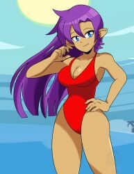 blue_eyes breasts datwondoude female female_only pointy_ears purple_hair shantae shantae_(character) solo swimsuit tagme