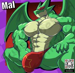 abs anthro biceps big_bulge clothing dragon green_body hi_res kings_of_hell mal_leviathan male mask masterelrest muscular muscular_anthro muscular_male pecs qr_code solo spread_legs spreading thong underwear vein veiny_muscles watermark