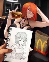 1girls alternate_breast_size bare_shoulders black_bra black_legwear bob_cut bra burger cleavage convenient_censoring dad_(japanese_mcdonald's_commercial) grin half-closed_eyes hand_on_head head_on_hand highres holding_object indoors inkspirate legwear looking_at_viewer mcdonald's milf mom_(japanese_mcdonald's_commercial) mother o-ring orange_hair pov short_hair sketch smile smug spread_legs stockings thighhighs yoru_mac