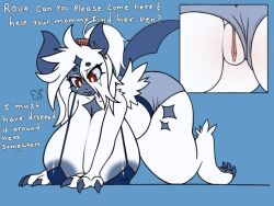 absol big_breasts bikini blue_skin borky-draws boxers_(clothing) female_pokemon furry furry_female laying_down maliqeth pajamas pokemon pokemon_(species) pony_tail pussy_peek searching tail white_fur