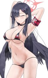 arm_band armpits arms_behind_head bare_legs bare_thighs bikini black_hair black_wings blue_archive cameltoe choker closed_eyes collar cowboy_shot eyes_closed hairclip ichika_(blue_archive) justice_task_force_(blue_archive) long_hair micro_bikini nude sakurein smile sweaty sweaty_body trinity_general_school_student wet_skin wings