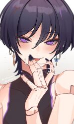 1boy :p akumana blue_hair cum cum_string ear_piercing femboy genital_fluids genshin_impact hoyoverse looking_at_viewer makeup male nail_polish naughty_face pierced_tongue piercing puppet purple_eyes scaramouche_(genshin_impact) smile solo