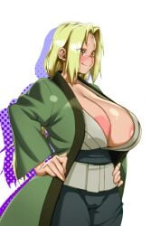 1girls alternate_version_available areola_slip areolae big_breasts blonde_hair blush breasts cleavage clothing female female_only forehead_jewel hair hands_on_hips huge_breasts konakona mature mature_female mature_woman milf naruto naruto_(series) smile solo solo_female tagme tsunade yellow_eyes