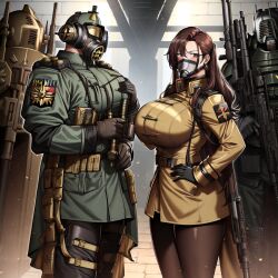 1boy 1girls 2girls 2people ai_generated ambiguous_gender armageddon_steel_legion astra_militarum big_breasts brown_hair female gas_mask guardsman_(warhammer_40k) guardswoman_(warhammer_40k) imperial_guard imperium_of_man large_breasts long_hair soldier trench_coat unstable_diffusion warhammer_(franchise) warhammer_40k yellow_clothes yellow_clothing