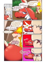 anal anal_sex balls bodily_fluids charmeleon comic darrow0 english_text fire forest generation_1_pokemon generation_2_pokemon genital_fluids genitals hi_res male male/male male_penetrating nintendo p.r.o._pokeball penetration penis plant pokeball pokemon pokemon_(species) profanity quilava speech_bubble text tree yuel