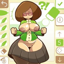 big_areola breasts breasts_out embarrassed embarrassed_nude_female forced_nudity forced_undressing glasses large_breasts nikki_(swapnote) pussy short_hair short_skirt singlesalt stockings swapnote tagme