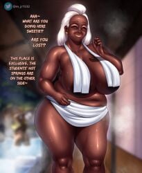 1girls alternate_breast_size areola areola_slip areolae background big_areola breasts_bigger_than_head chubby chubby_female dark-skinned_female dark_skin english english_text female female_only gilf granny hot_spring huge_breasts m_jr_art old_woman older_female pokemon pokemon_sv pov pov_eye_contact smile smiling smiling_at_viewer speaking speaking_to_viewer thick_thighs towel towel_around_neck towel_on_shoulder tummy tyme_(pokemon) white_hair