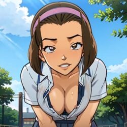 1girls ai_generated blue_eyes breasts brown_hair cleavage detective_conan female hairband human large_breasts outdoors pale-skinned_female pale_skin park pov short_hair sonoko_suzuki