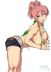 1girls amber_eyes bare_shoulders belt bent_over bikini blush earrings gyaru half-closed_eyes huge_breasts idolmaster idolmaster_cinderella_girls jewelry jougasaki_mika licking_lips long_fingernails long_nails looking_at_viewer micro_bikini nail_polish navel_piercing necklace nipple_chain pink_hair ponytail short_shorts shorts simple_background suna tongue_out tongue_piercing underass white_background white_bikini