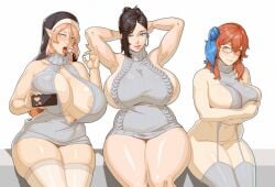 3girls blush breasts female female_only huge_breasts ictiwinter materclaws tagme thick_thighs thighhighs virgin_killer_sweater wide_hips