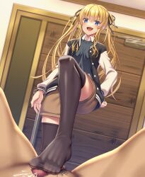 1boy 1girls blonde_hair cum female femdom footjob footjob_with_legwear footjob_with_one_foot human male malesub penis saenai_heroine_no_sodatekata sawamura_spencer_eriri shorts snaggle_tooth thighhighs twintails