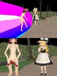 blonde brunette embarrassed embarrassed_nude_female enf hakurei_reimu marisa_kirisame reimu_hakurei stripped stripped_by_magic stripped_naked touhou vodkammd vodkthulhu-3d