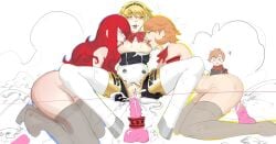 4girls aigis_(persona) armband armwear blonde blonde_hair breast_sucking breasts clothing dildo female hankerchief human kotone_shiomi mitsuru_kirijo multiple_girls pale_skin persona persona_3 persona_3_portable pussy robot robot_girl sucking_nipples thighhighs usurper2001 yukari_takeba yuri