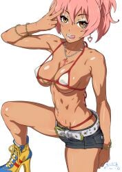 1girls arm_at_side bikini bikini_under_clothes body_blush bracelet brown_eyes chains cleavage cowboy_shot cross_necklace denim denim_shorts earrings female_only gyaru hand_up heart_earrings high_heels idolmaster idolmaster_cinderella_girls jewelry jougasaki_mika large_breasts leg_up legs_apart licking_lips long_fingernails looking_at_viewer micro_bikini nail_polish navel_piercing necklace nipple_chain one_eye_closed pink_hair pink_nails ponytail shoelaces short_shorts shorts sideboob simple_background smile strap_gap string_bikini suna suntan swimsuit thong_above_shorts thong_straps tongue_out tongue_piercing underboob v white_background white_belt white_eyeshadow