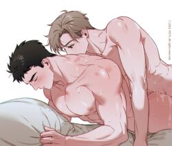 2boys anal ass bara bishounen brown_hair closed_eyes completely_nude couple cum cum_overflow from_side happy_sex highres kissing_back large_pectorals male_focus multiple_boys muscular muscular_male nipples nude on_bed original pectorals prone_bone short_hair sideburns sweat tears thick_eyebrows very_sweaty yaoi yotti