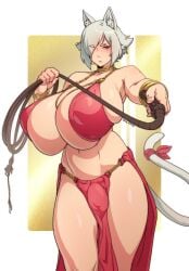 1futa animal_ears big_penis bikini breasts bulge cat_ears cat_tail catgirl cleavage clothed clothing corruption_of_champions flaccid futa_only futanari horny huge_breasts humanoid kemonomimi light-skinned_futanari light_skin loincloth mostly_nude naul_(sulcate) penis shiny_skin solo standing sulcate whip white_hair