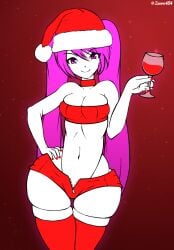 1girls belly_button big_ass big_butt breasts christmas_hat christmas_outfit cup female_only front_view layla_hiyashi looking_at_viewer original_character pale-skinned_female pink_eyes pink_hair rde_shorts red_background red_underwear smile smiling_at_viewer solo thigh_highs thighhighs twintails white_skin wide_hips zonen404