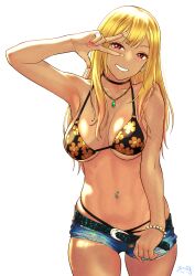 1girls bikini black_choker black_thong blonde_hair choker denim_shorts flower_bikini hand_on_belt kitagawa_marin large_breasts navel_piercing pierced_navel red_eyes short_shorts shorts smiling smiling_at_viewer sono_bisque_doll_wa_koi_wo_suru suna underboob